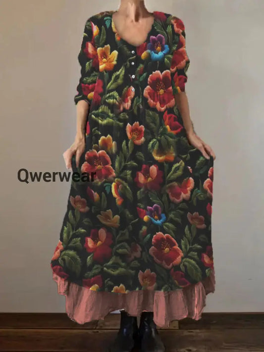 Women’s Vintage Embroidered Floral Print Cotton and Linen Double Layer 3/4 Sleeve Dress Jacinth / S