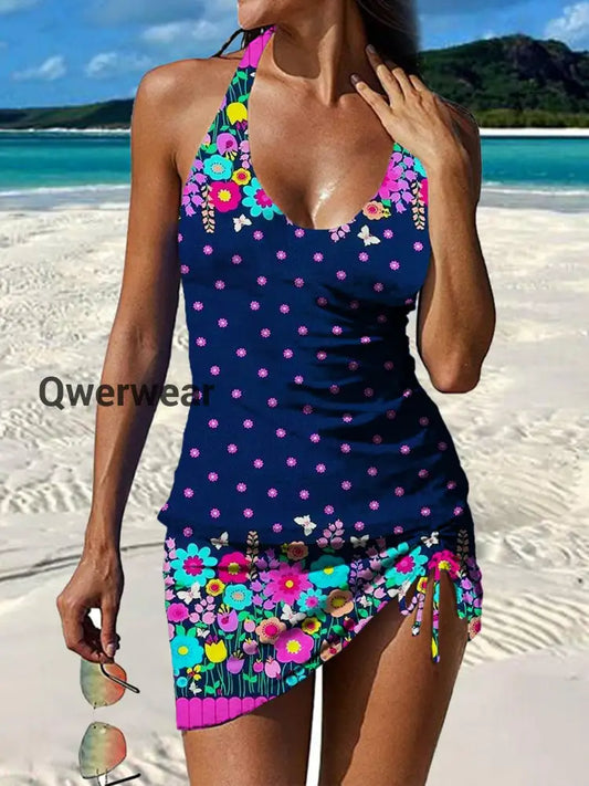 Women’s Vintage Ethnic Floral Print Pleated Swimsuit Set