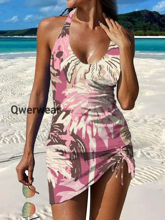 Women’s Vintage Ethnic Floral Print Pleated Swimsuit Set