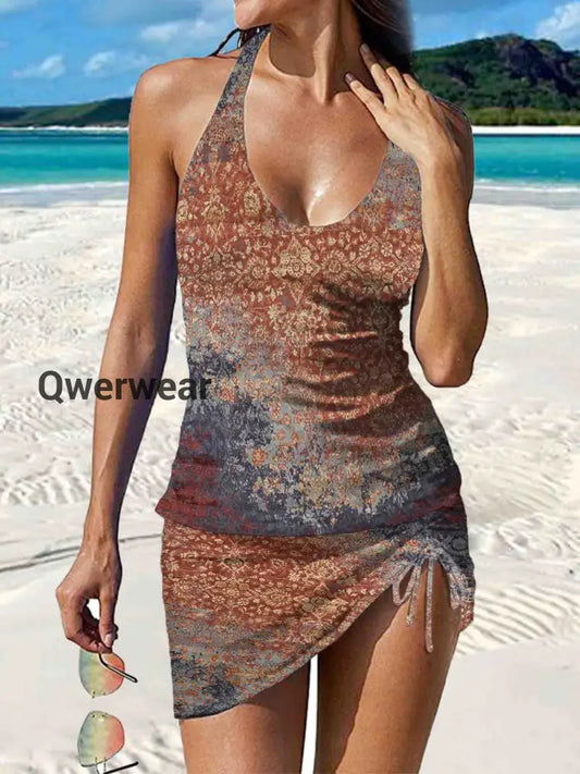 Women’s Vintage Ethnic Floral Print Pleated Swimsuit Set