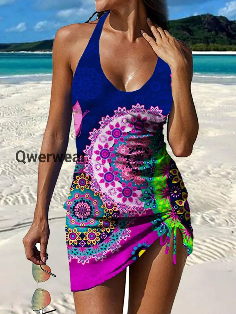 Women’s Vintage Ethnic Floral Print Pleated Swimsuit Set