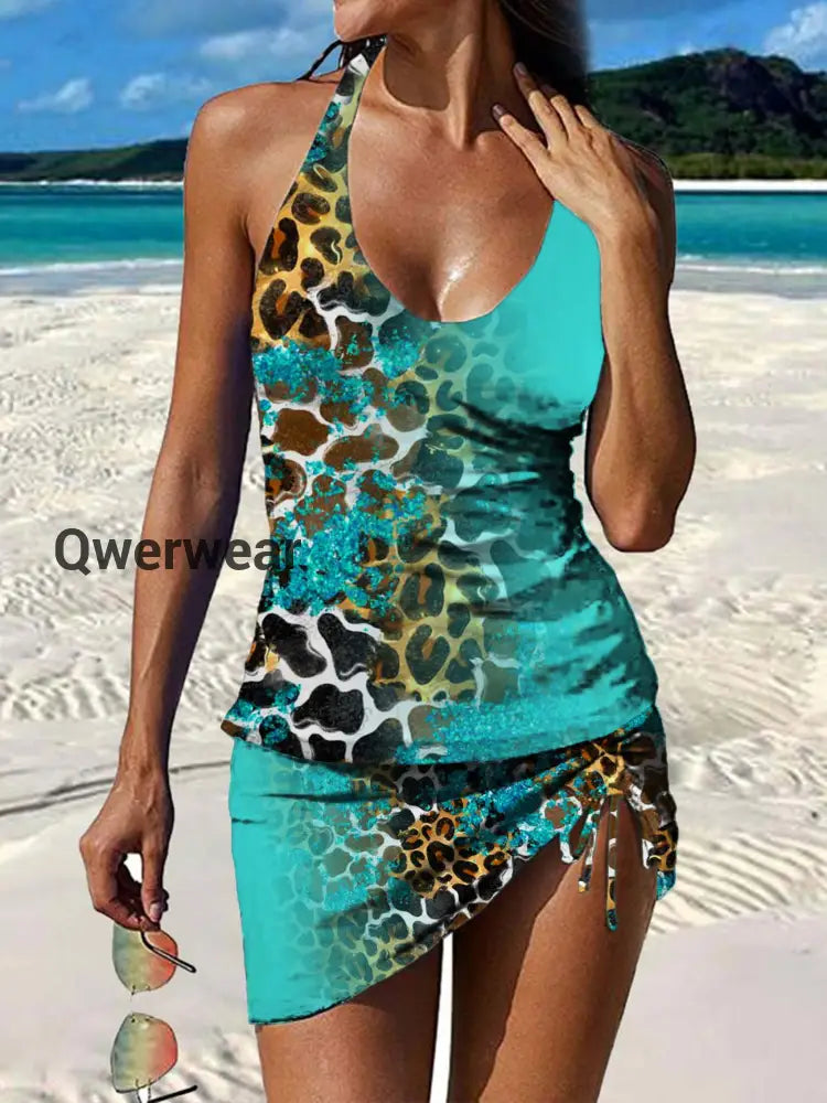 Women’s Vintage Ethnic Floral Print Pleated Swimsuit Set