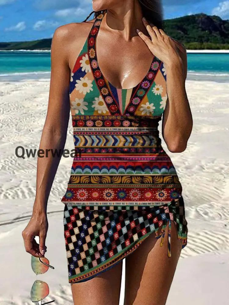 Women’s Vintage Ethnic Floral Print Pleated Swimsuit Set