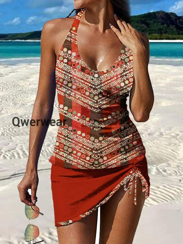 Women’s Vintage Ethnic Floral Print Pleated Swimsuit Set