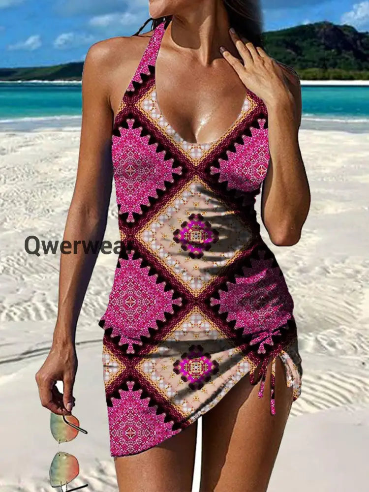 Women’s Vintage Ethnic Floral Print Pleated Swimsuit Set