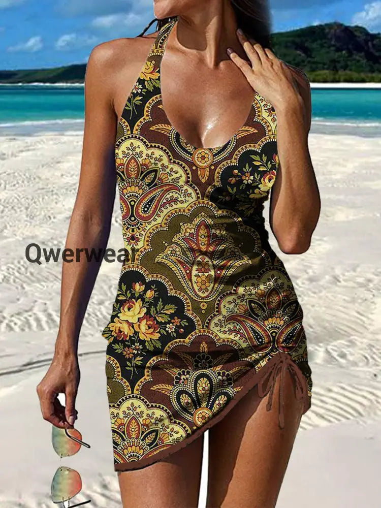 Women’s Vintage Ethnic Floral Print Pleated Swimsuit Set