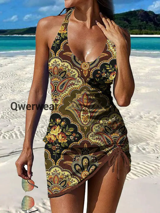Women’s Vintage Ethnic Floral Print Pleated Swimsuit Set