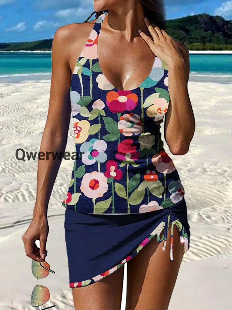 Women’s Vintage Ethnic Floral Print Pleated Swimsuit Set