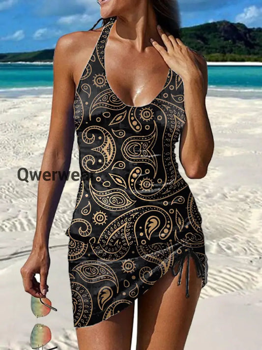 Women’s Vintage Ethnic Floral Print Pleated Swimsuit Set