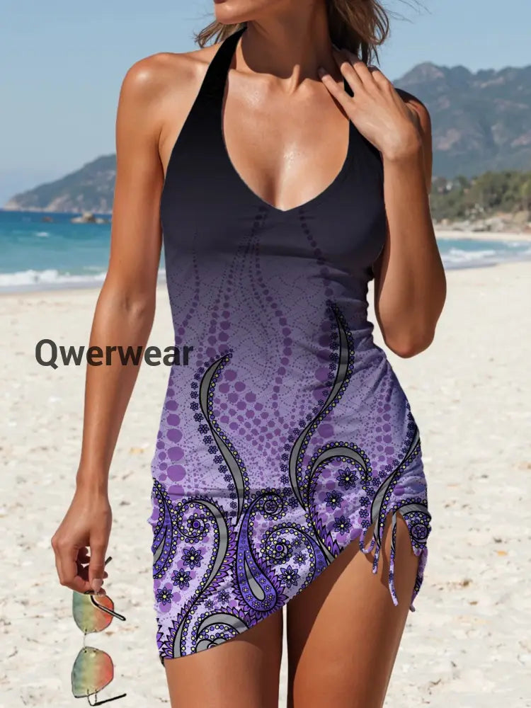 Women’s Vintage Ethnic Floral Print Pleated Swimsuit Set