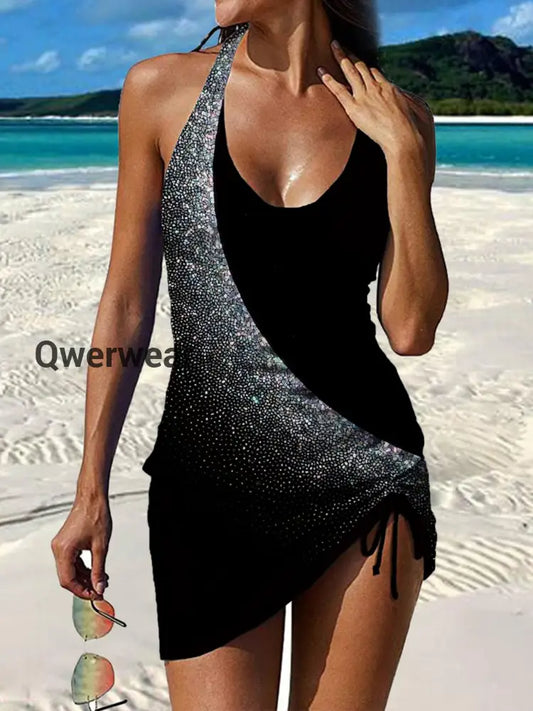 Women’s Vintage Ethnic Floral Print Pleated Swimsuit Set