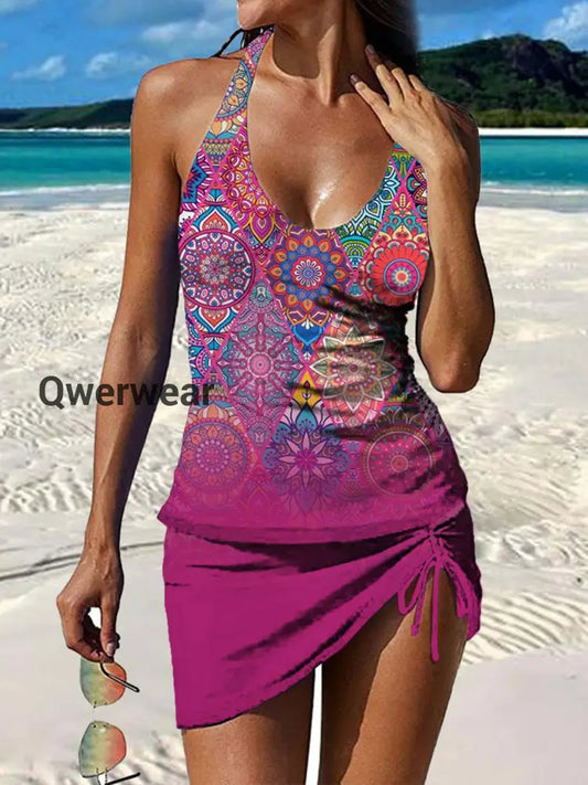 Women’s Vintage Ethnic Floral Print Pleated Swimsuit Set