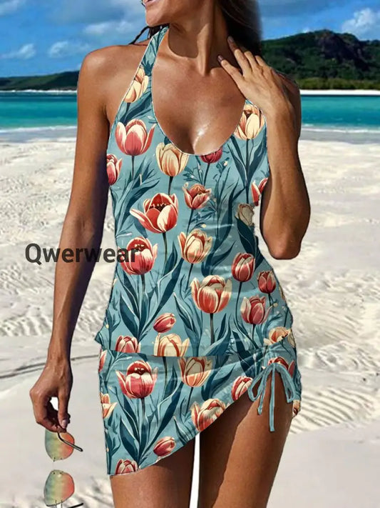 Women’s Vintage Ethnic Floral Print Pleated Swimsuit Set