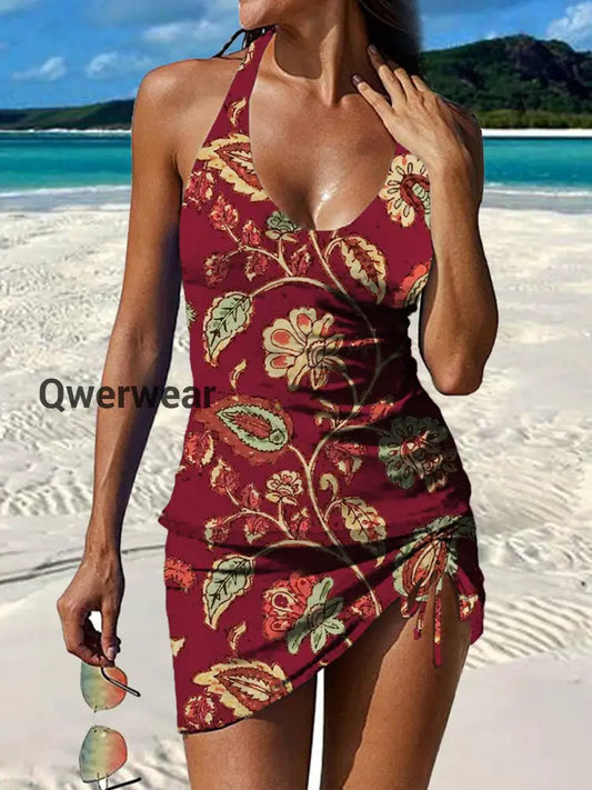 Women’s Vintage Ethnic Floral Print Pleated Swimsuit Set