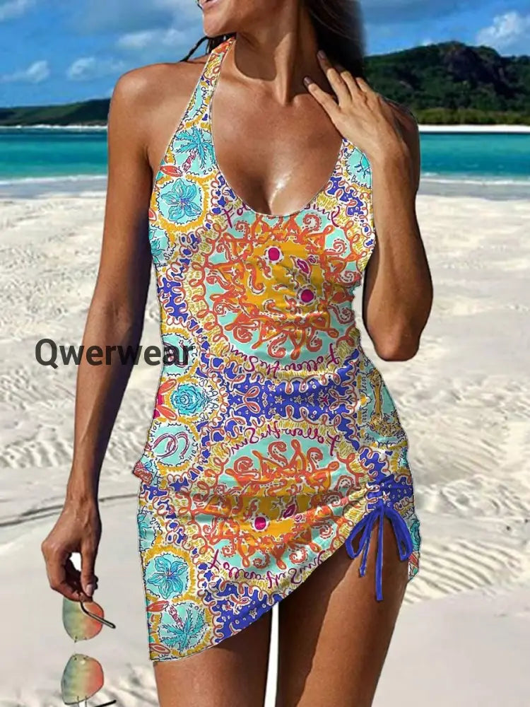 Women’s Vintage Ethnic Floral Print Pleated Swimsuit Set