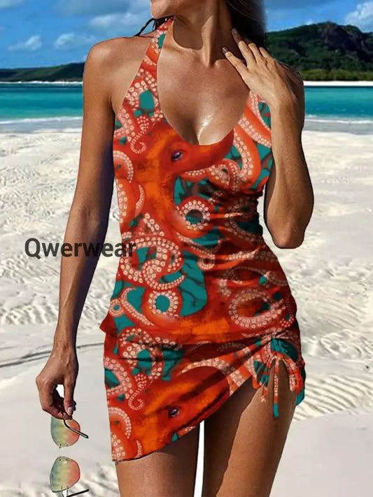 Women’s Vintage Ethnic Floral Print Pleated Swimsuit Set