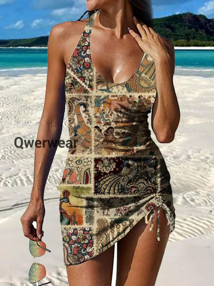 Women’s Vintage Ethnic Floral Print Pleated Swimsuit Set