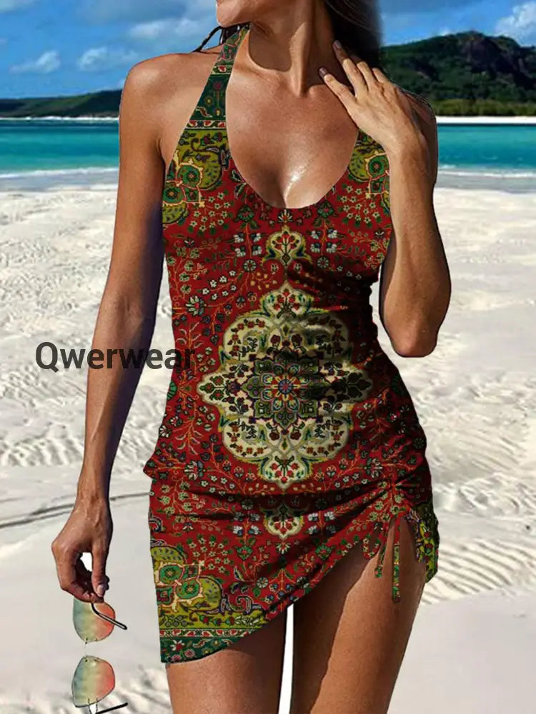 Women’s Vintage Ethnic Floral Print Pleated Swimsuit Set