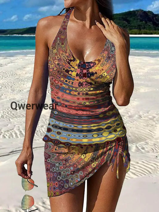 Women’s Vintage Ethnic Floral Print Pleated Swimsuit Set