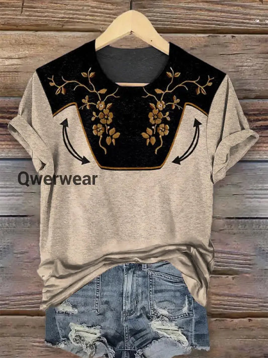 Women’s Vintage Floral Art Printed Round-Neck Short Sleeve Shirt Apricot / S