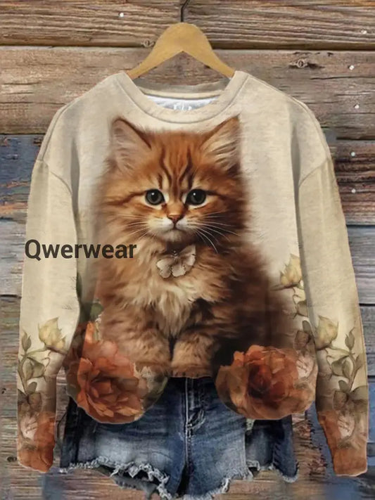 Women’s Vintage Floral Cat Print Top multicolor / S Women\’s Tops