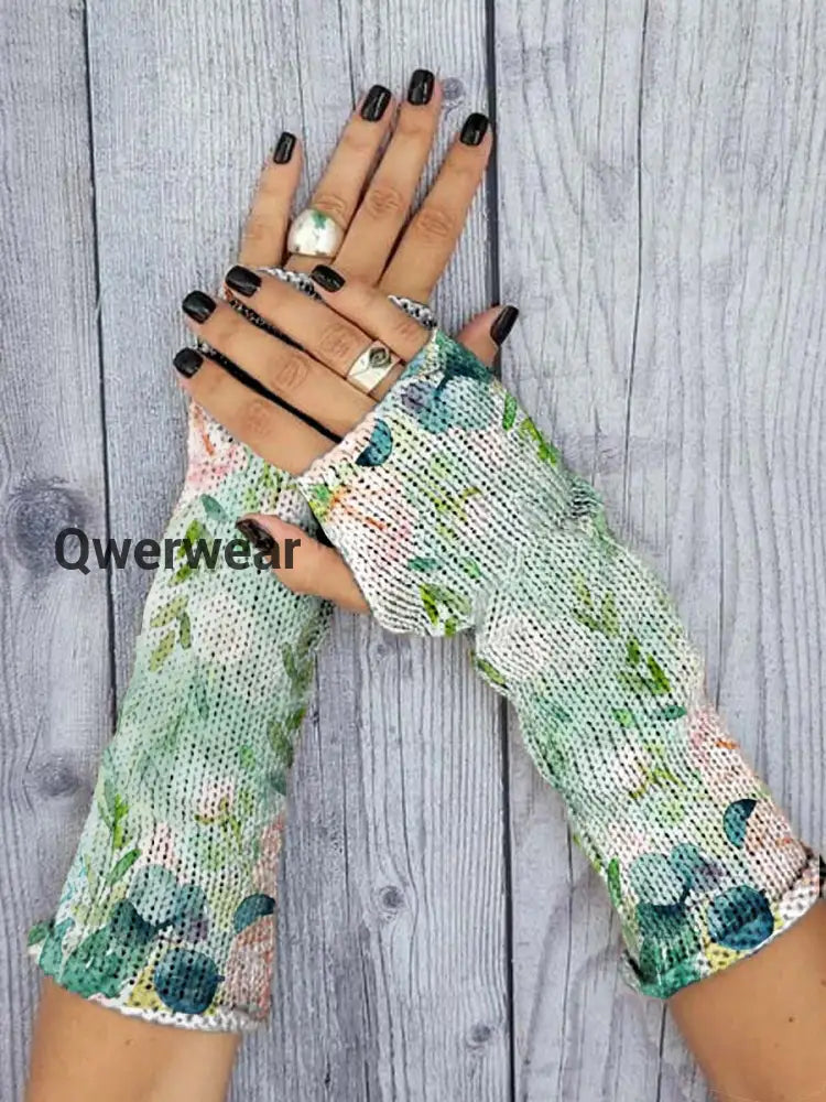 Women’s Vintage Floral Print Knitted Gloves Green / JM