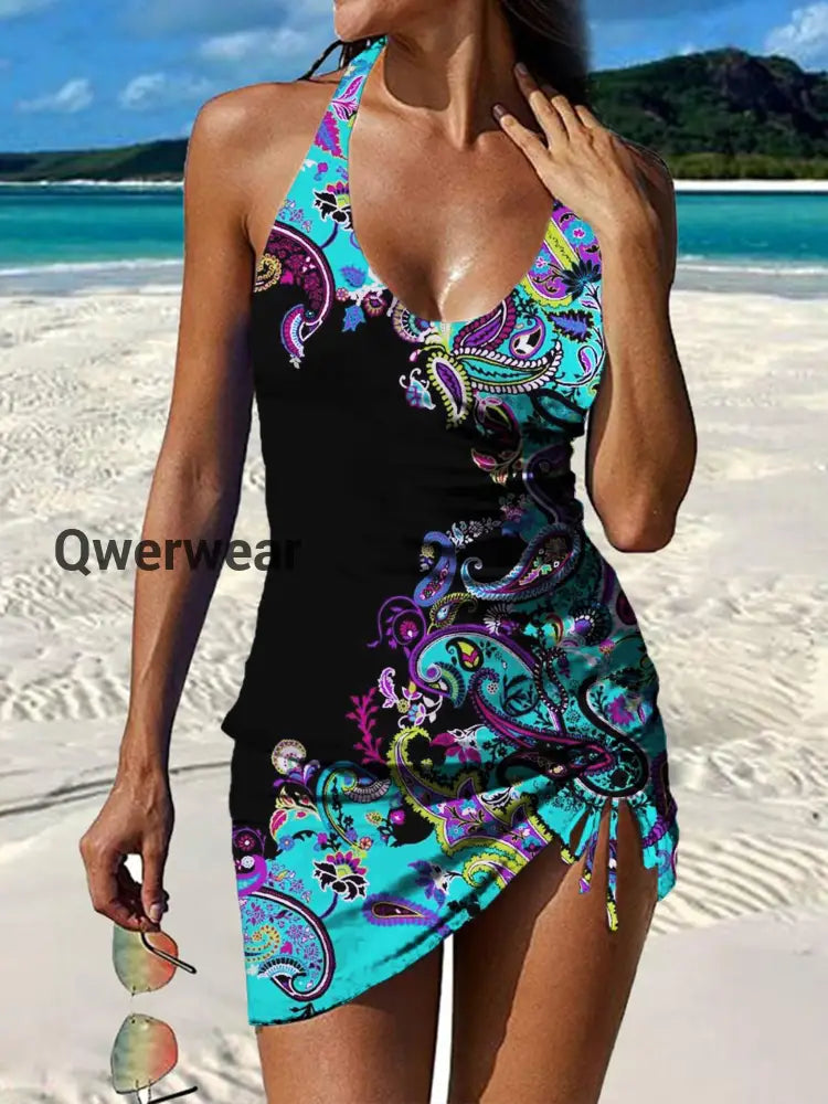 Women’s Vintage Floral Print Pleated V-Neck Casual Swimsuit A / S