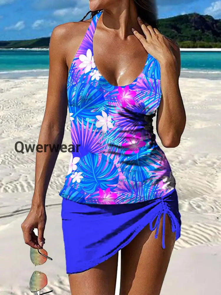 Women’s Vintage Floral Print Pleated V-Neck Casual Swimsuit A / S