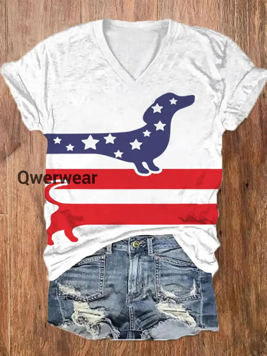 Women’s Vintage Independence Day Puppy Art Print Casual T-Shirt A / S