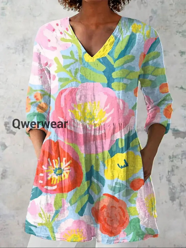 Women’s Watercolor Floral Art Print V-Neck Cotton Linen 3/4 Sleeve Shirt Colorful / S