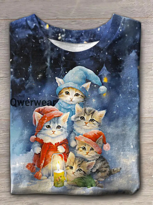 Women’s Winter Cute Cat Print Crew Neck T-shirt Mixed Color / S Women\’s Tops