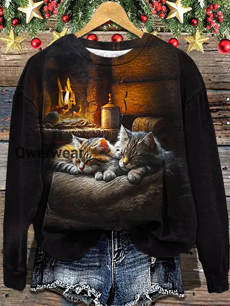 Women’s Winter Fireplace Cat Printed Long Sleeve Casual Top Mixed Color / S Women\’s Tops