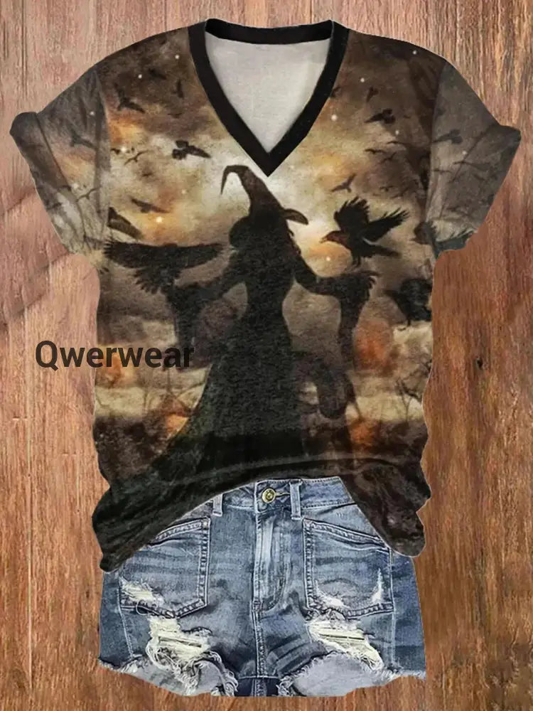 Women’s Witch Art Print V-Neck T-Shirt B / S
