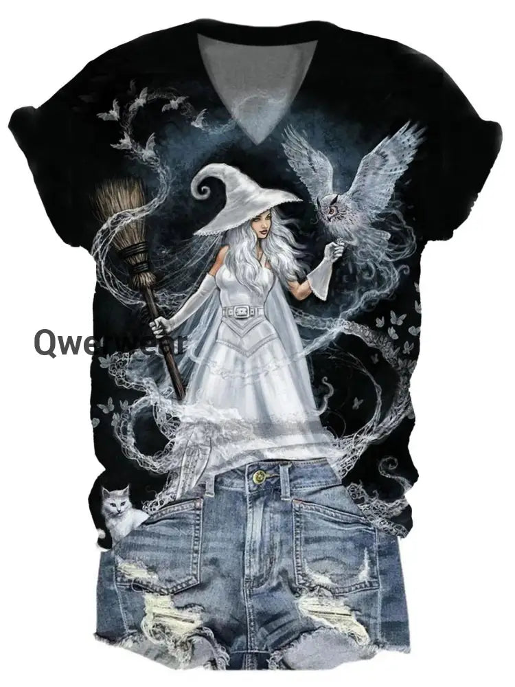 Women’s Witch Art Print V-Neck T-Shirt C / S