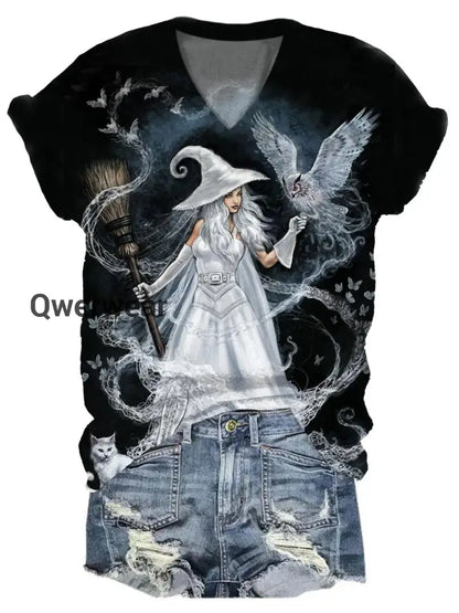 Women’s Witch Art Print V-Neck T-Shirt C / S