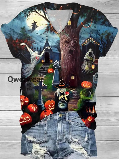 Women’s Witch Art Print V-Neck T-Shirt E / S